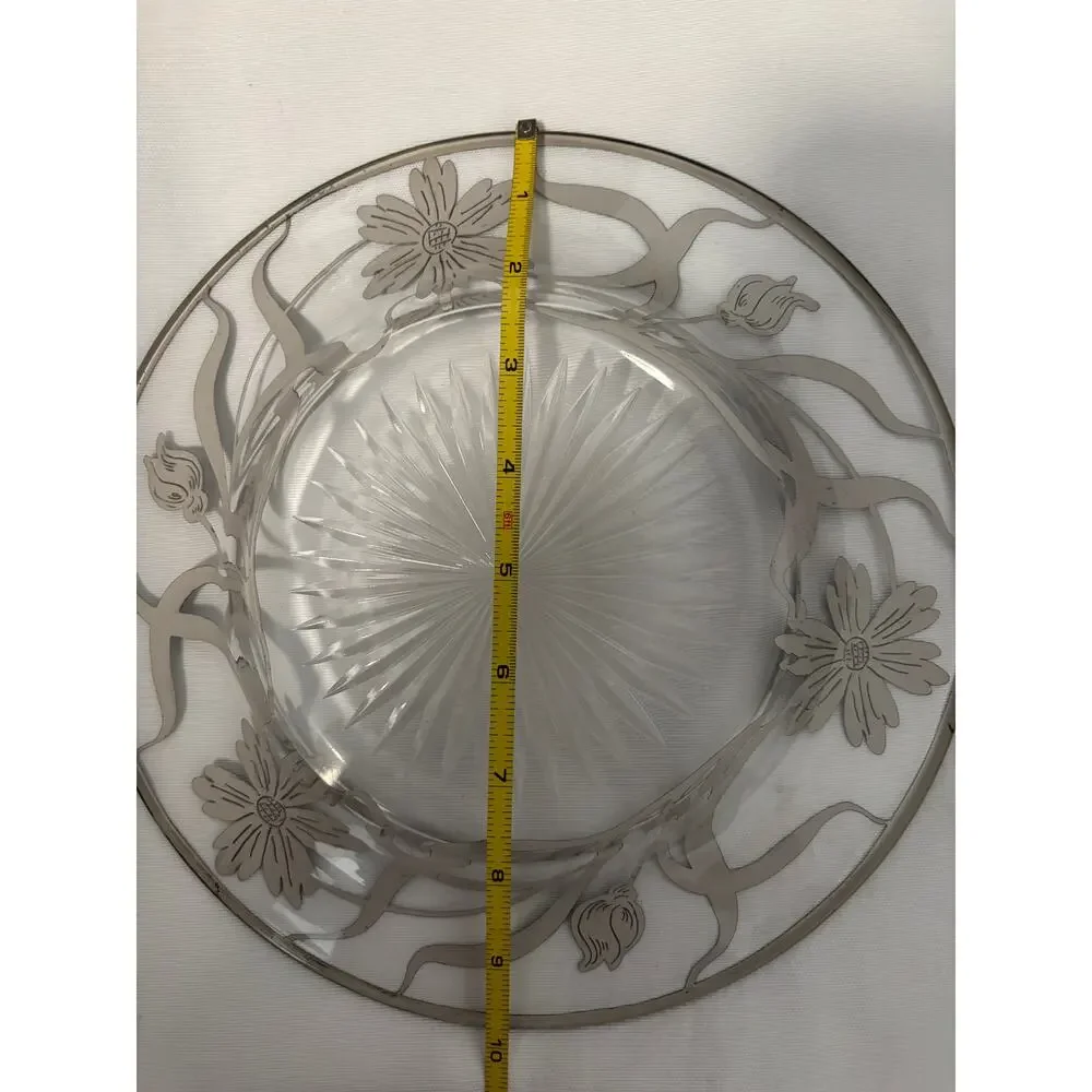 Vintage Silver Overlay Floral Clear Glass Plate